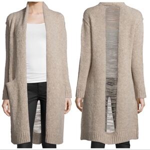 Current Elliott Long Slash Pocket Open Front Alpaca shredded Cardigan beige 3 lg
